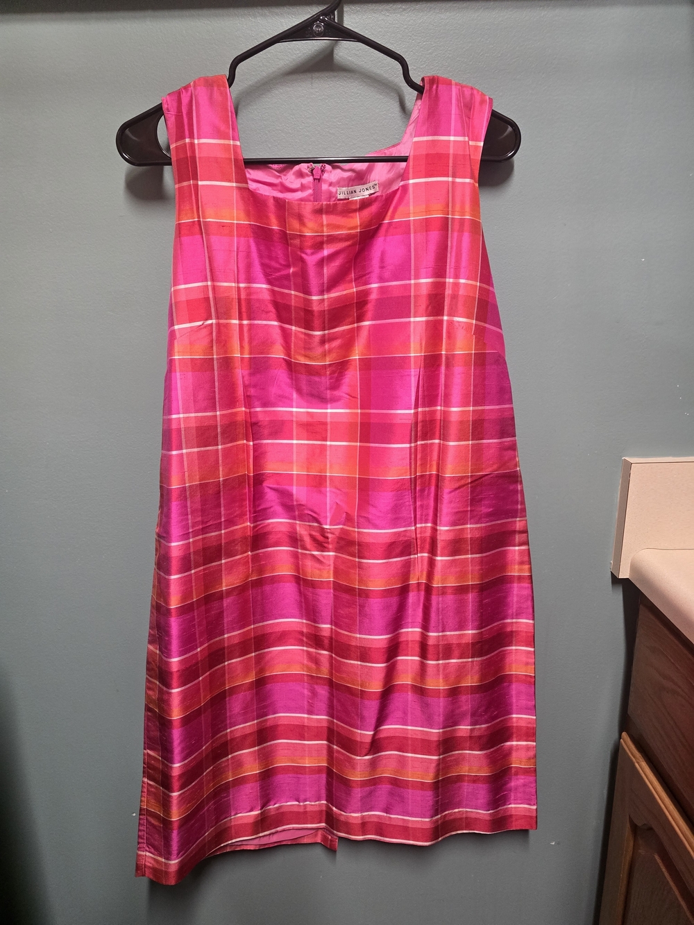 Vintage Jillian Jones 90s Pink Madras Plaid Raw Silk Sheath Dress 14